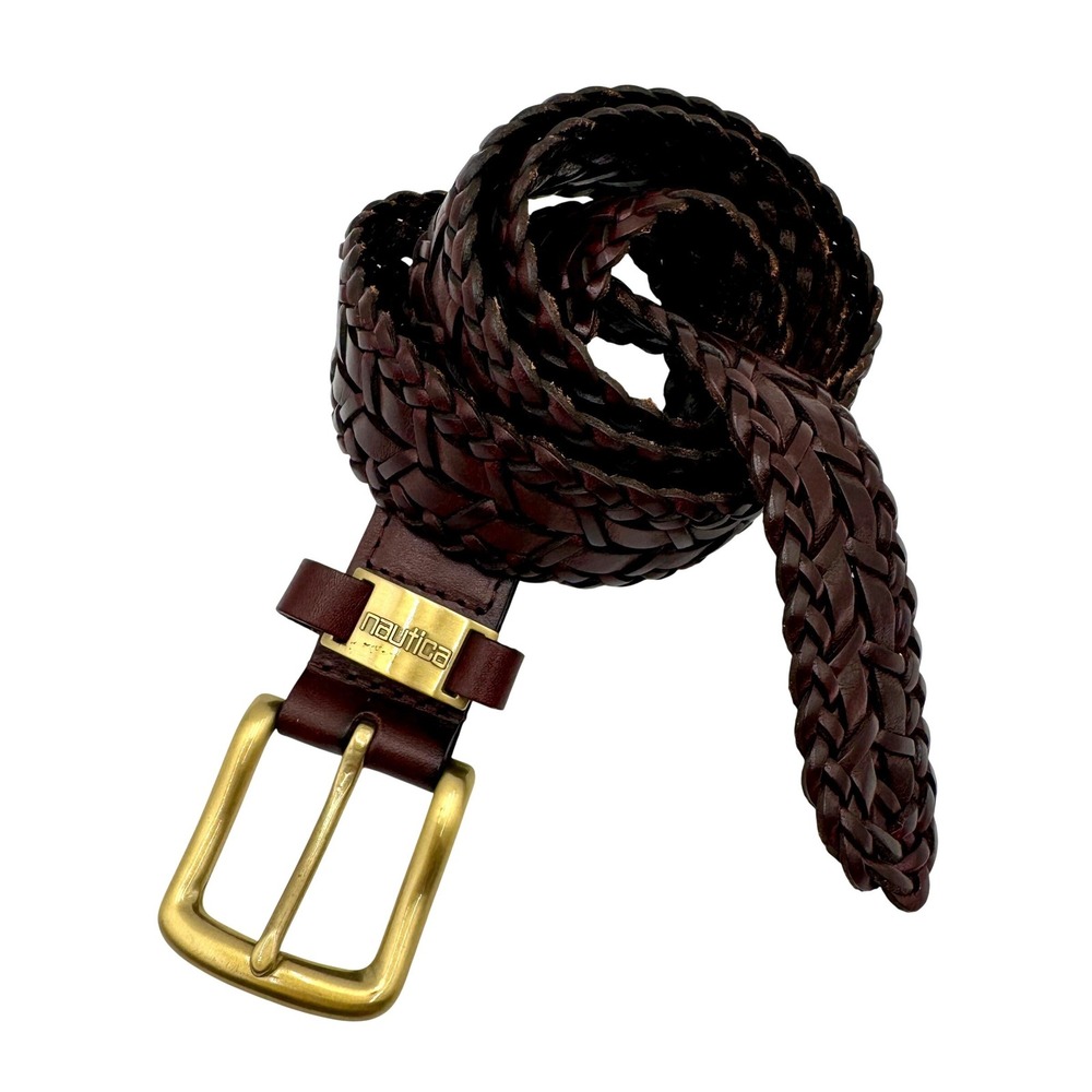 Nautica Braided Woven Genuine Leather Belt Men 36 Brown Classic Casual 93515 Y2K